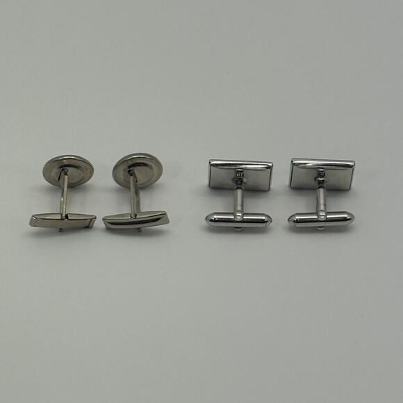 Fashion Rectangle and Round Silver Black Mens Cufflinks 2 Sets - Picture 5 of 7